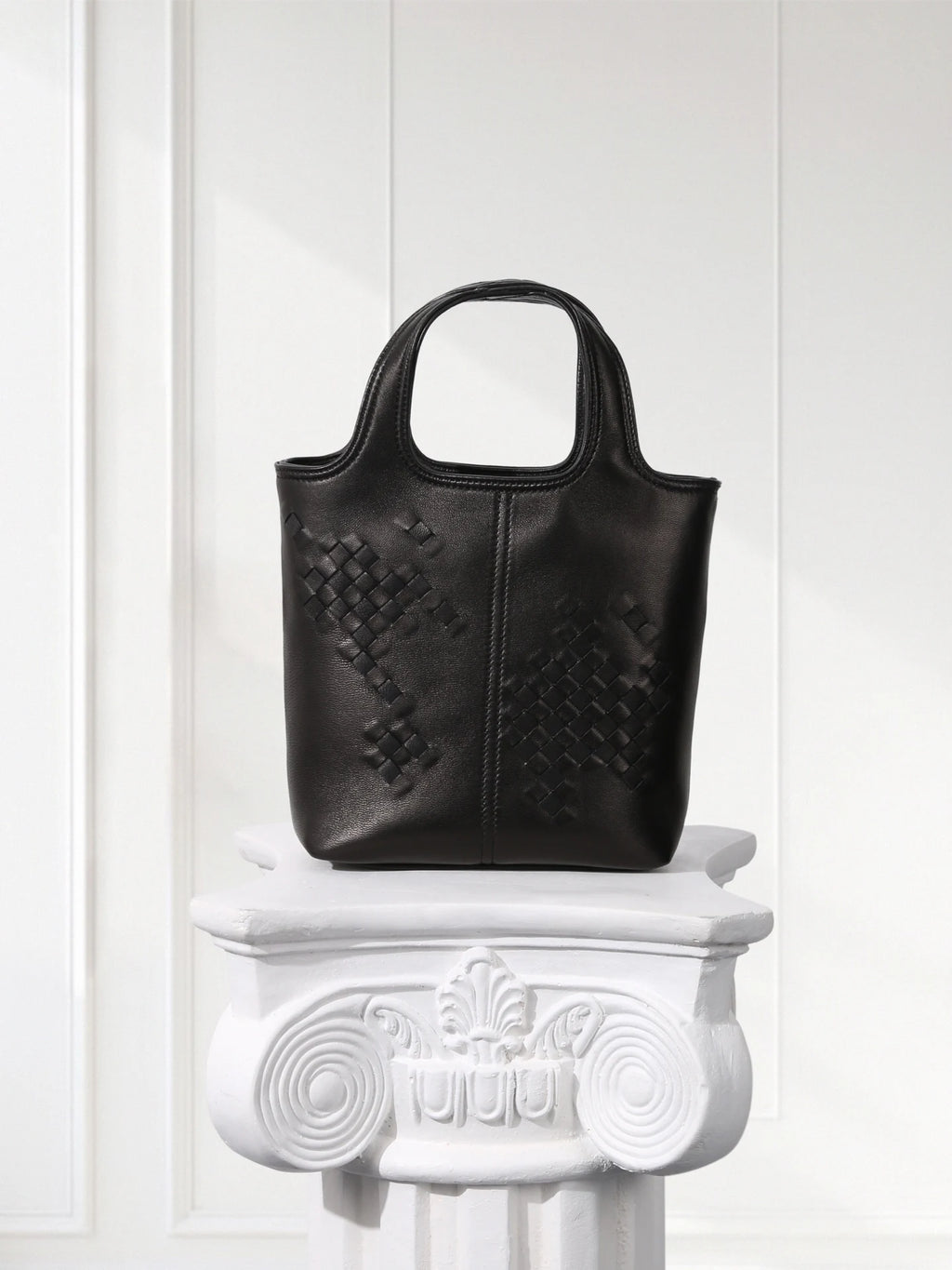 Black Woven Leather Mini Tote Bag Minimalist Handle Purse