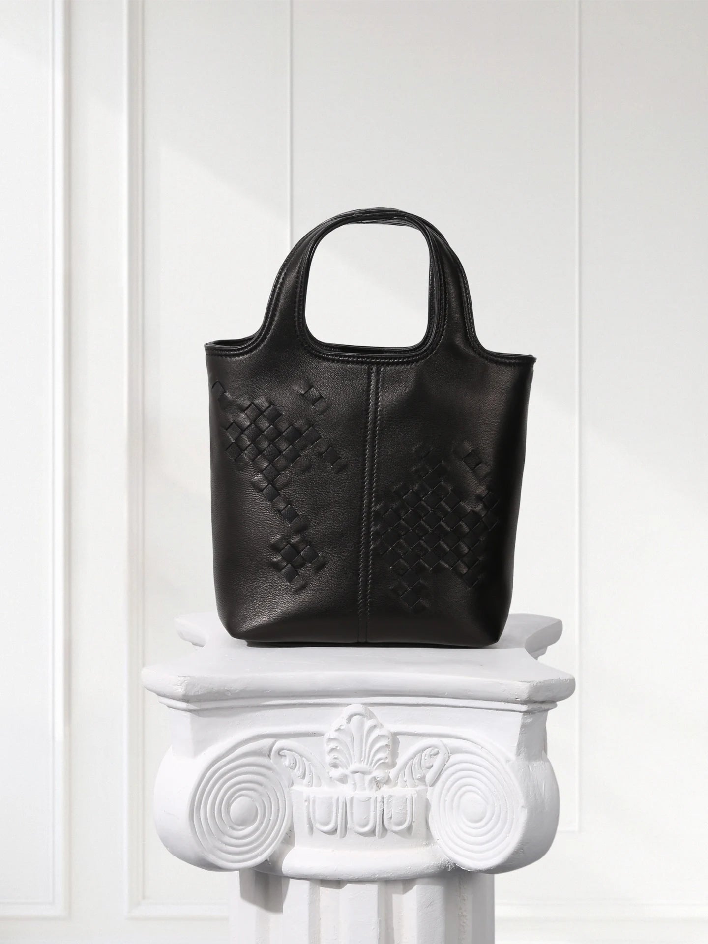 Black Woven Leather Mini Tote Bag Minimalist Handle Purse