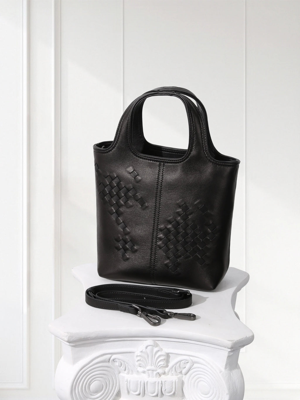 Black Woven Leather Mini Tote Bag Minimalist Handle Purse