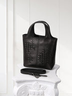 Black Woven Leather Mini Tote Bag Minimalist Handle Purse