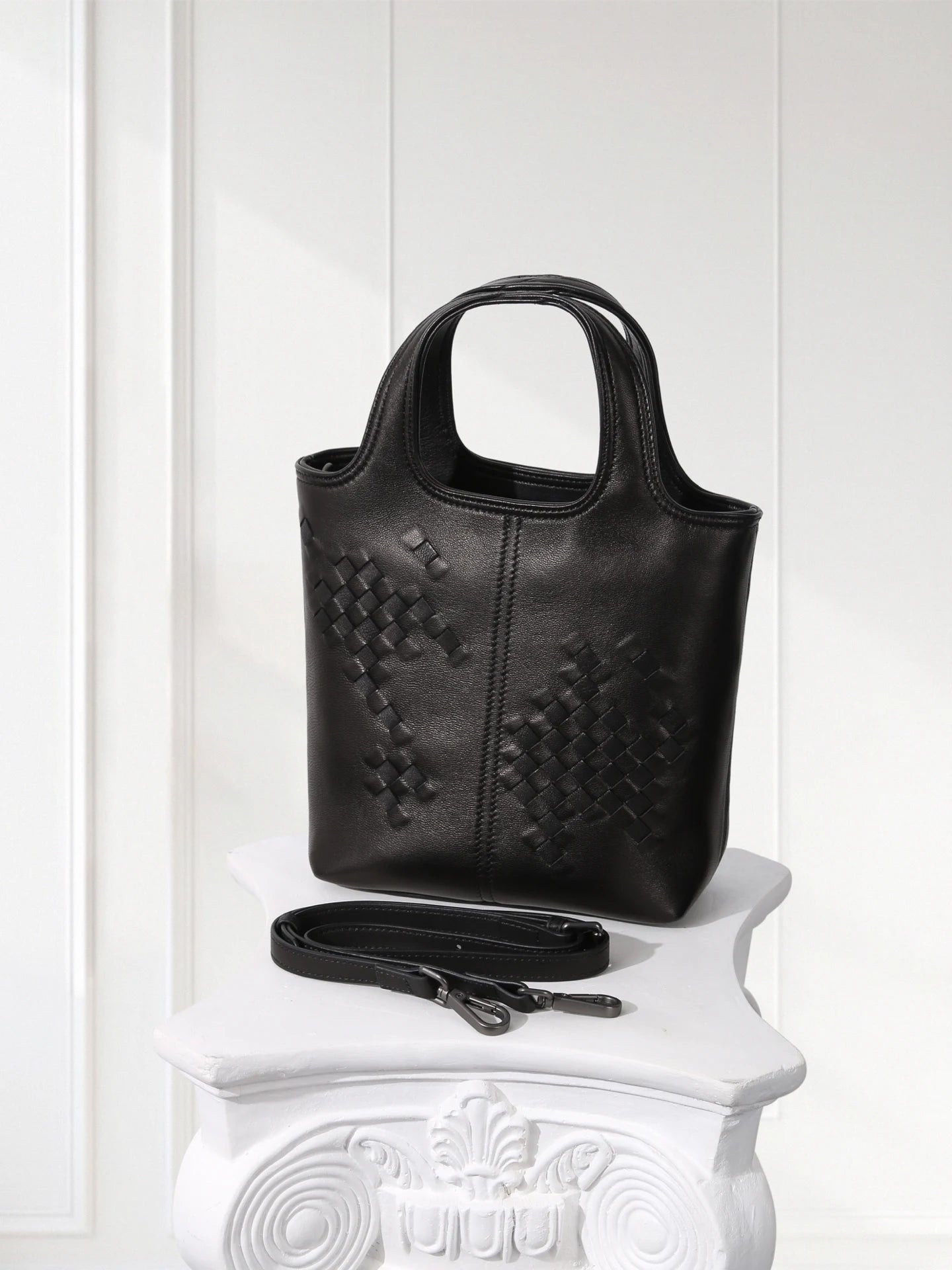 Black Woven Leather Mini Tote Bag Minimalist Handle Purse