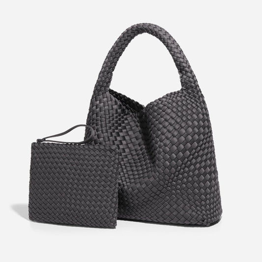 Neoprene Woven Knotted Strap Detail Oversized Shoulder Bag,Grey