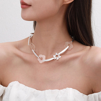 Elegant Silver Floral Necklace | Transparent Acrylic Accents | Modern Jewelry Design