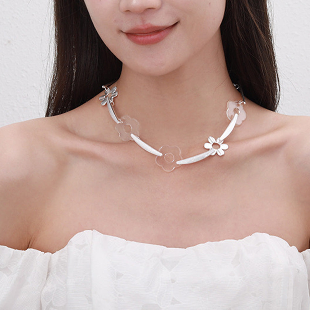 Elegant Silver Floral Necklace | Transparent Acrylic Accents | Modern Jewelry Design