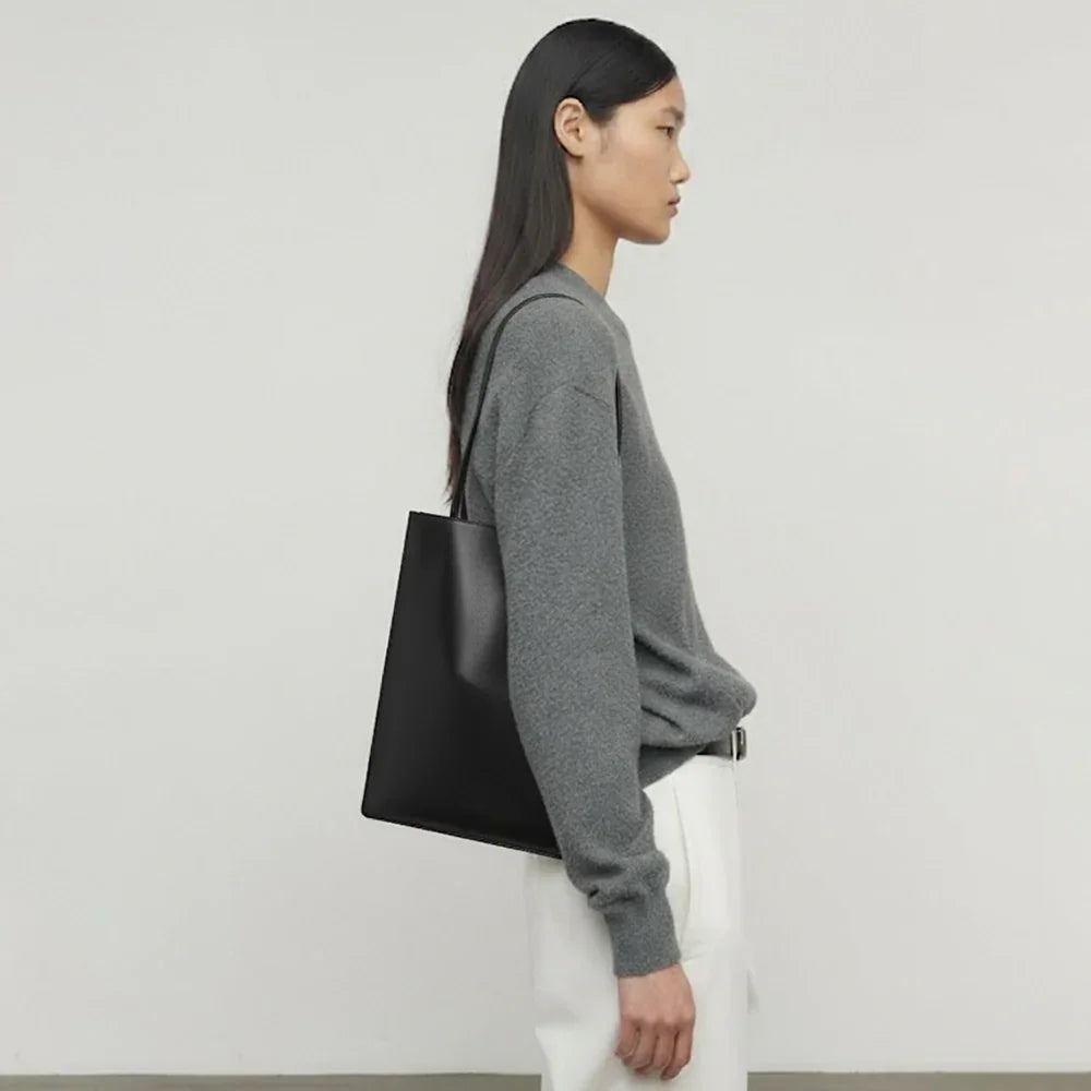 Classic Vertical Leather Shoulder Tote – Black