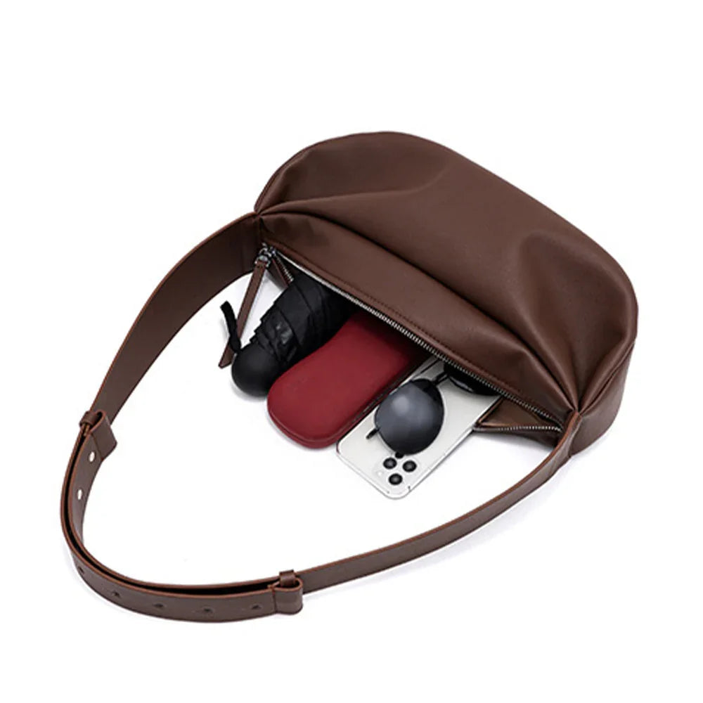 Minimalist Cloud Crescent Shoulder Bag – Soft Calfskin, Wide Strap, Casual & Chic