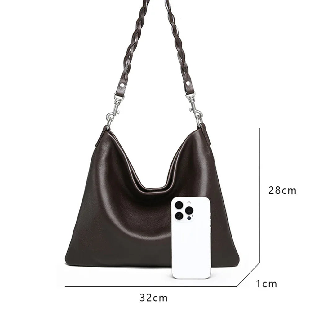 Women's Brown Leather Shoulder Bag Minimalist Tote Handbag for Daily Use
