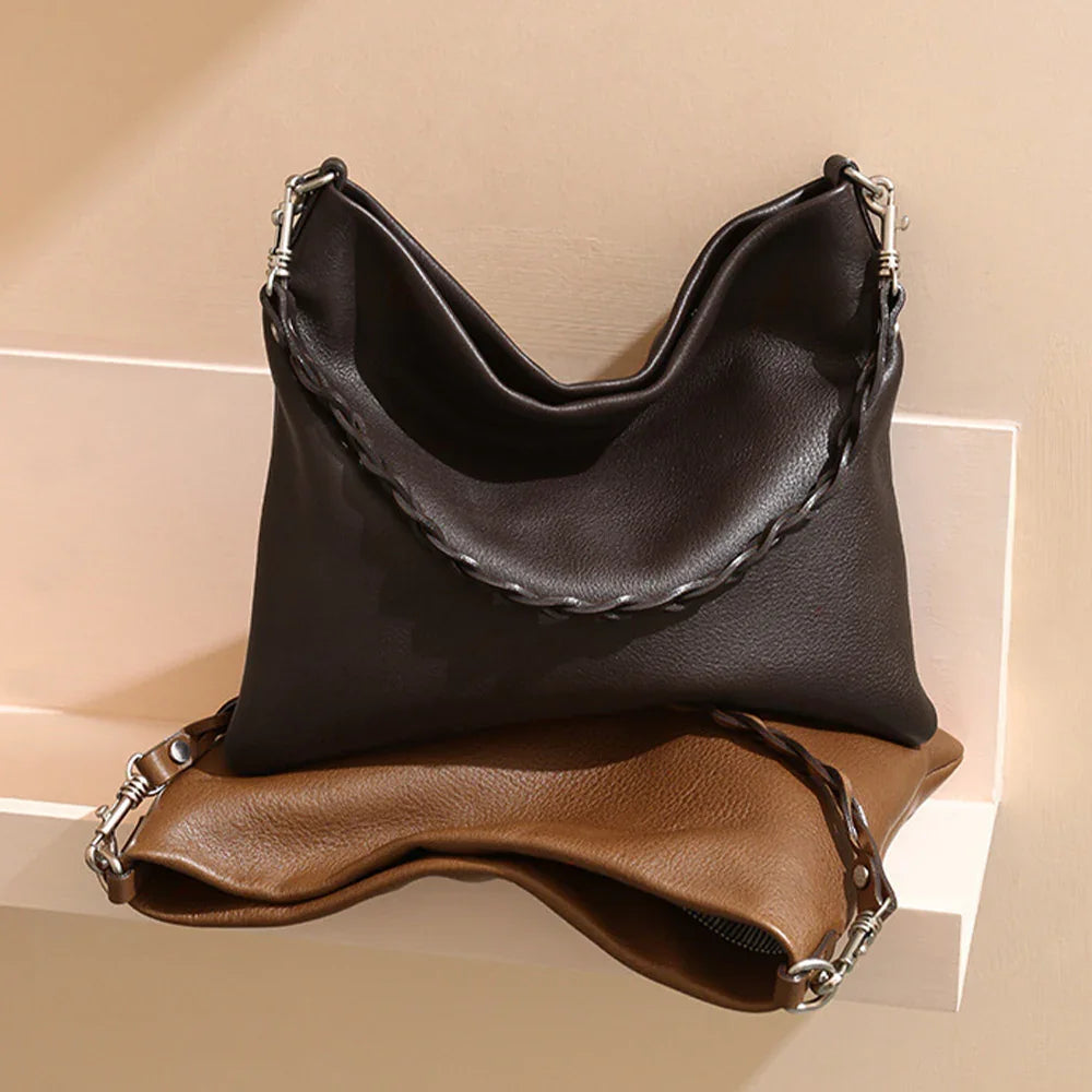 Women's Brown Leather Shoulder Bag Minimalist Tote Handbag for Daily Use