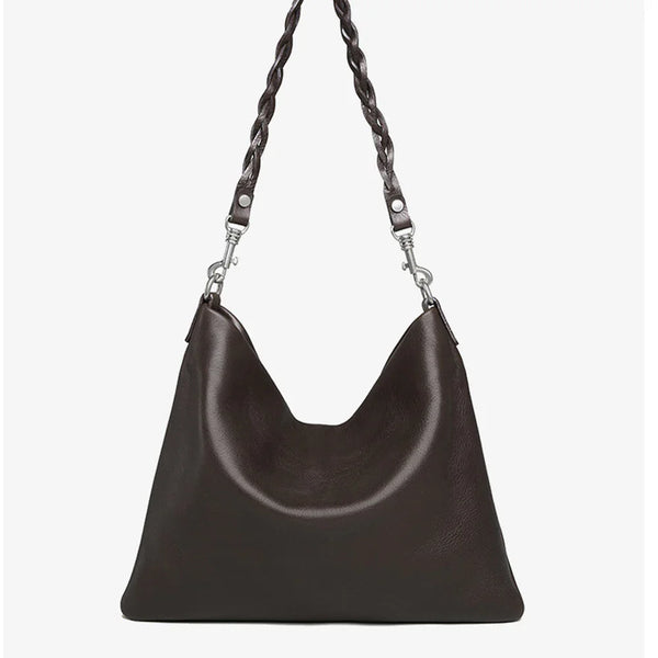 Women's Brown Leather Shoulder Bag Minimalist Tote Handbag for Daily Use