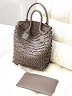Luxury women’s woven leather tote, 100% lambskin hobo tote in Brown
, stylish soft bucket handbag
