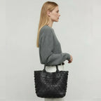 Luxury women’s woven leather shoulder bag, 100% lambskin hobo tote in blue-gray, stylish soft bucket handbag