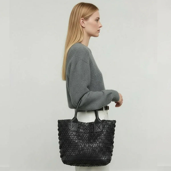 Luxury Woven Leather Shoulder Bag – Blue Gray Hobo Tote for Women,100% lambskin