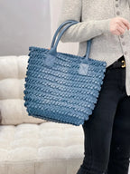 Luxury women’s woven leather shoulder bag, 100% lambskin hobo tote in blue, stylish soft bucket handbag