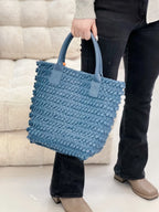 Luxury women’s woven leather shoulder bag, 100% lambskin hobo tote in blue-gray, stylish soft bucket handbag