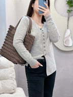 Luxury women’s woven leather shoulder bag, 100% lambskin hobo tote in Brown
, stylish soft bucket handbag