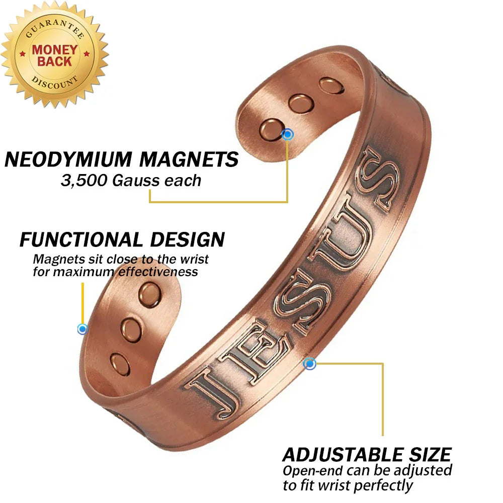 Handmade Stamped Jesus Bracelet Pure Copper with Healing Magnets For Unisex