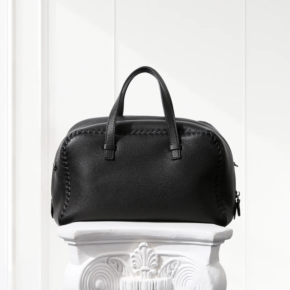 Deep BLACK large Boston leather tote bag in deerskin