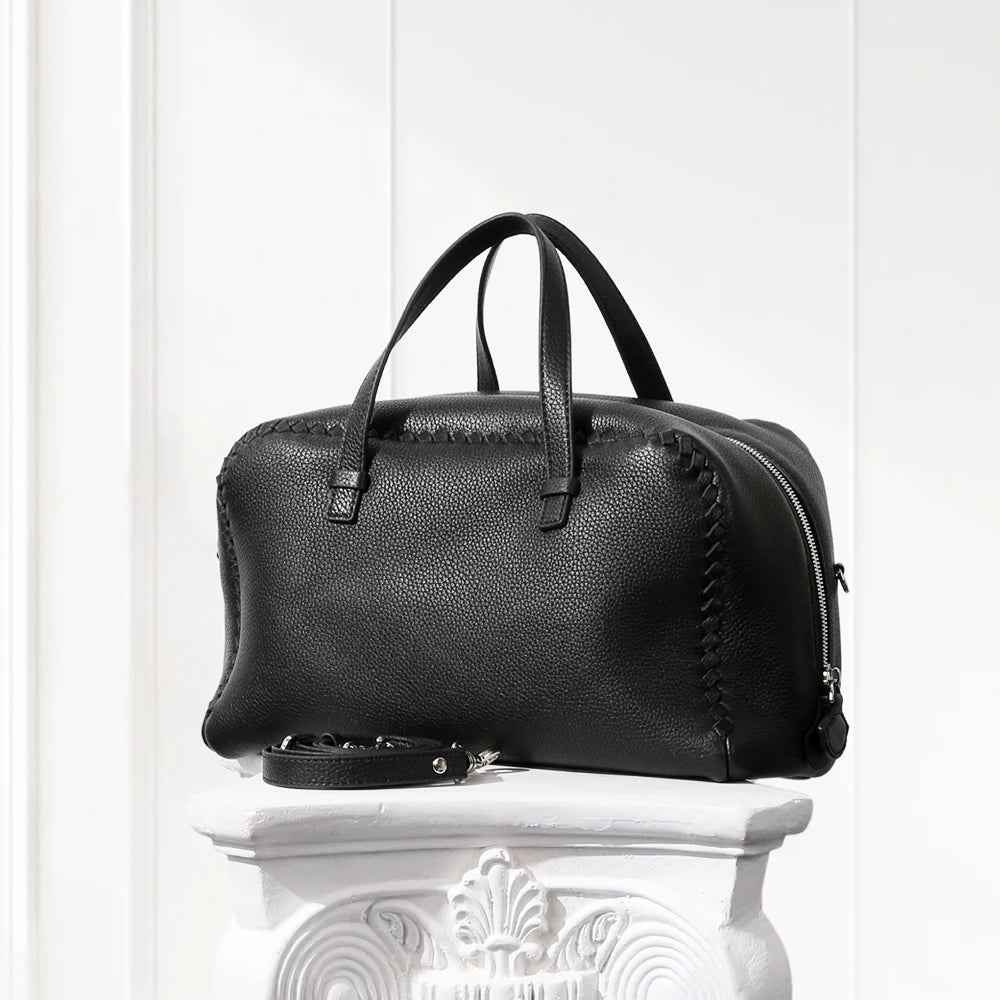 Deep BLACK large Boston leather tote bag in deerskin