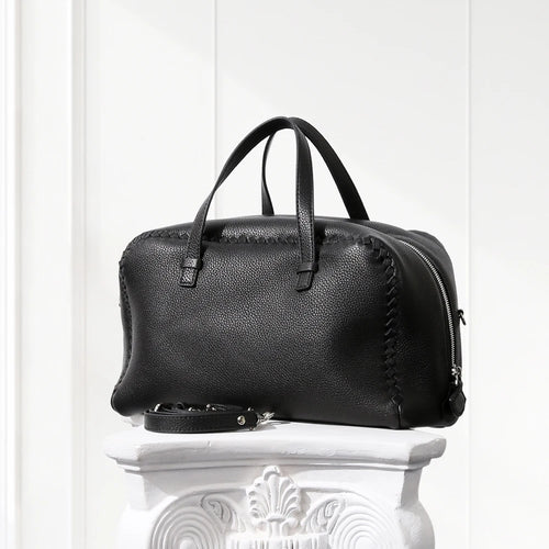 Deep BLACK large Boston leather tote bag in deerskin