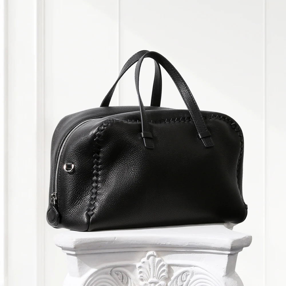 Deep BLACK large Boston leather tote bag in deerskin