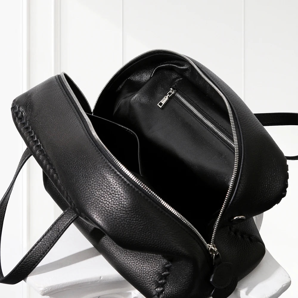 Deep BLACK large Boston leather tote bag in deerskin