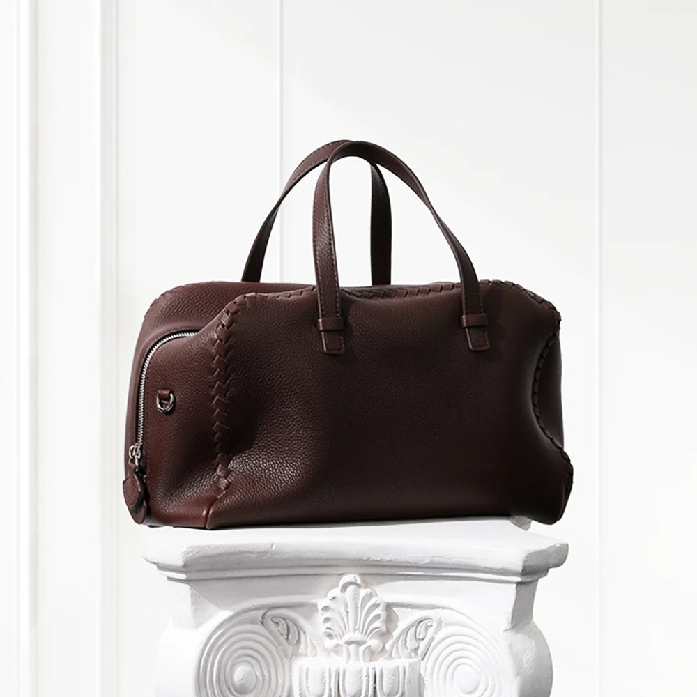 Deep BLACK large Boston leather tote bag in deerskin