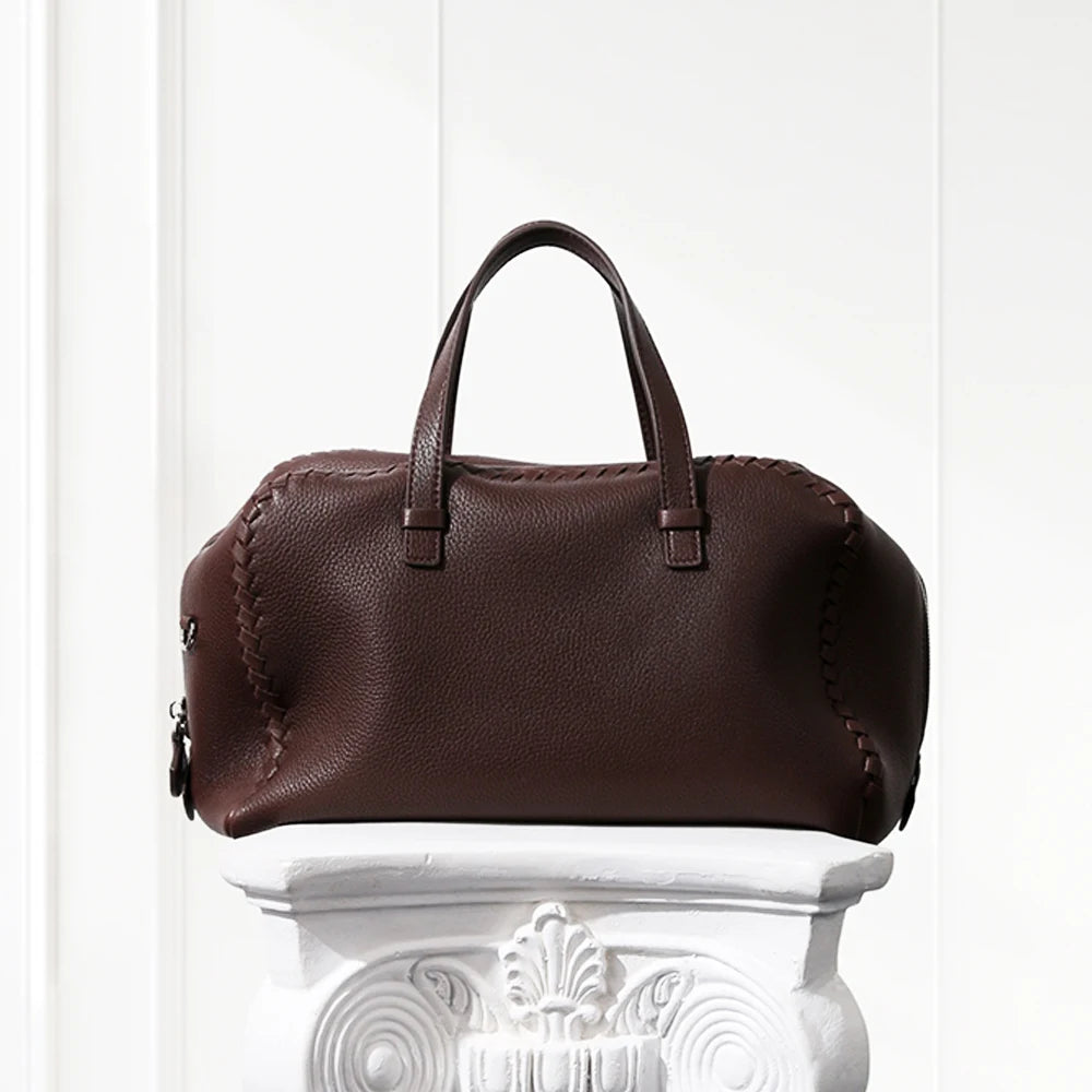 Deep blue large Boston leather tote bag in deerskin