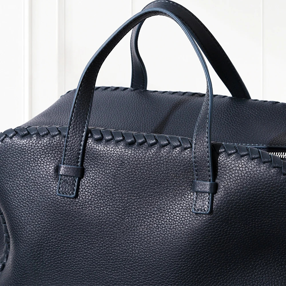 Deep blue large Boston leather tote bag in deerskin with zipper