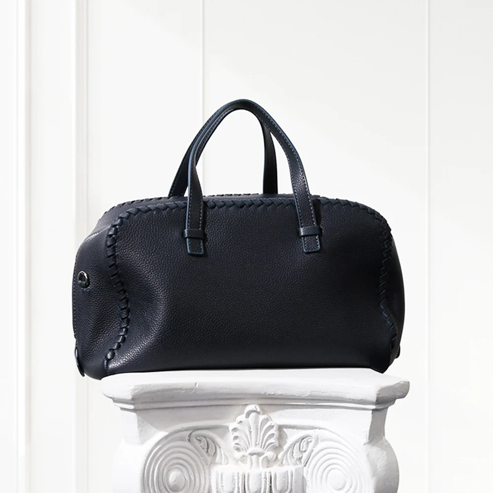 Deep blue large Boston leather tote bag in deerskin with zipper