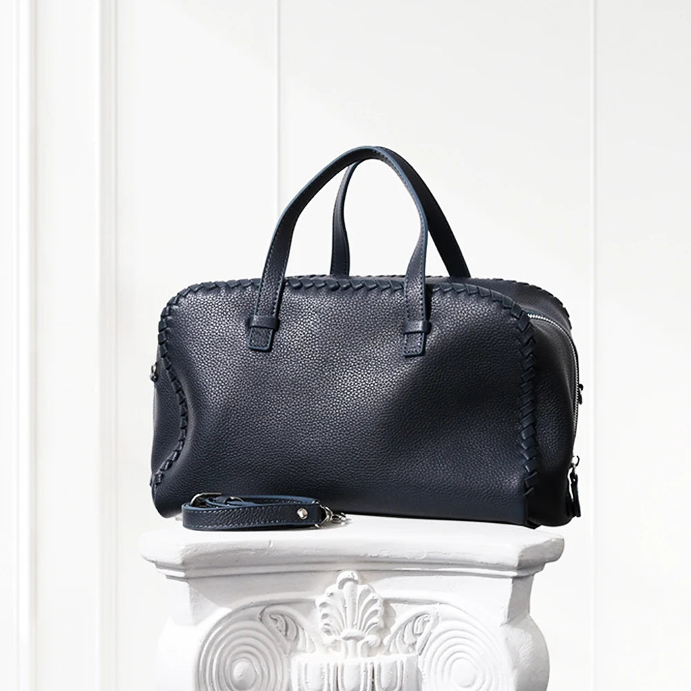 Deep blue large Boston leather tote bag in deerskin with zipper