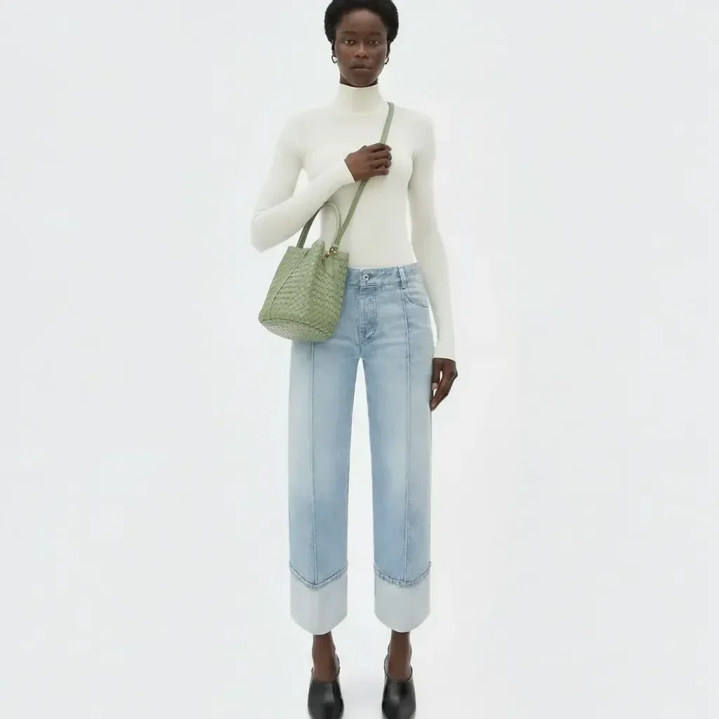 Handcrafted Beige Woven Leather Handbag – Luxury Bucket Tote with Suede Inner Bag, Green