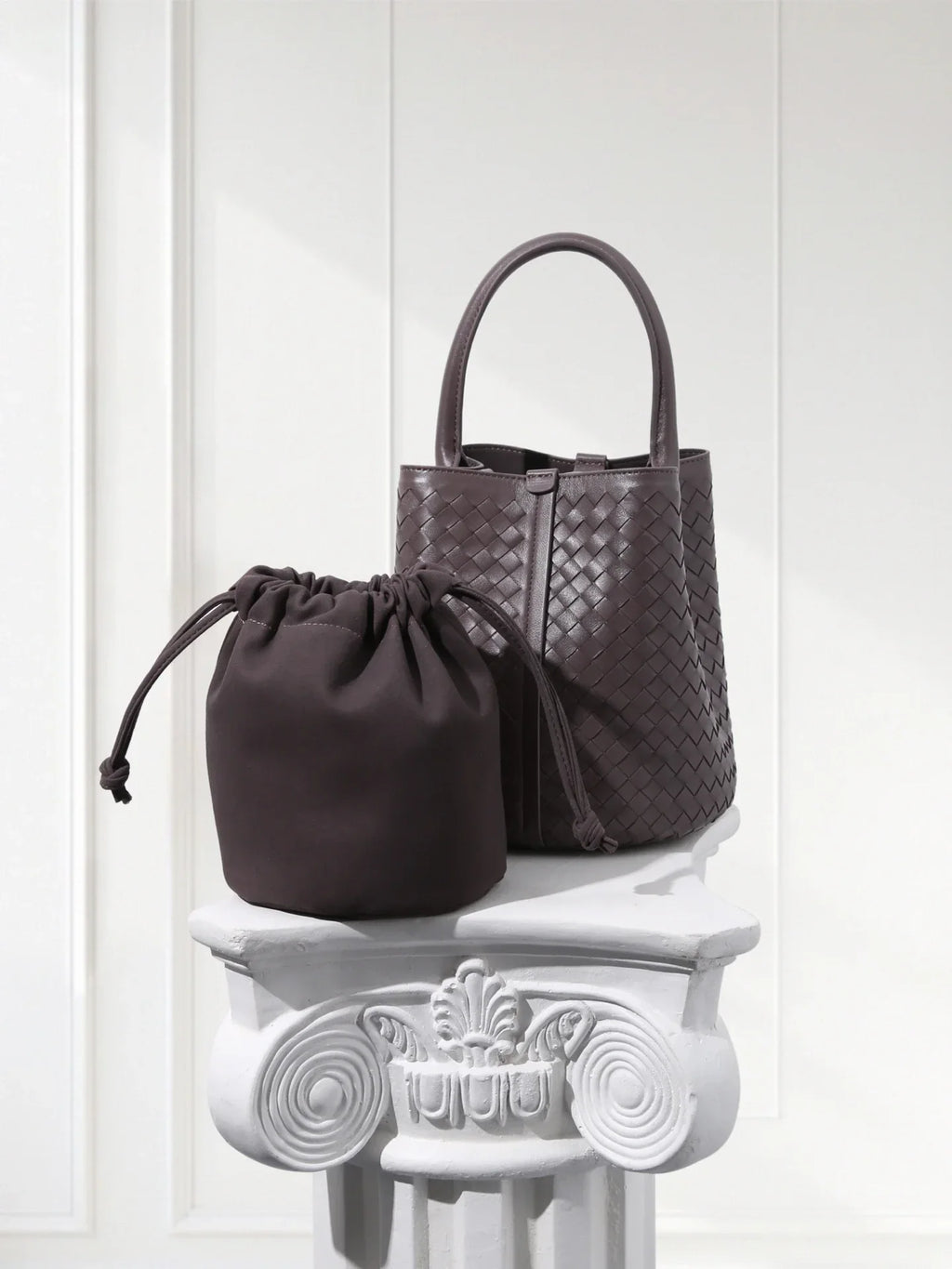 Handcrafted brown woven leather bucket tote with green suede inner bag, 100% lambskin