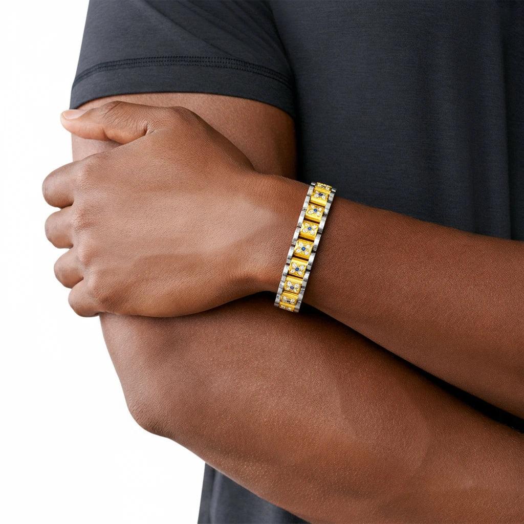 Gold and silver magnetic therapy bracelet with blue crystal flowers – shop at civibuy.com near CA, US