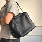 Minimalist Black Leather Tote Bag – Cow Leather Shoulder Purse for Women