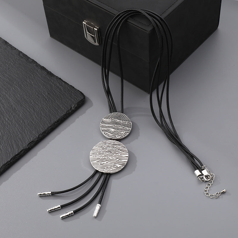 Minimalist Silver Geometric Necklace for Women Double Textured Round Plate Pendant