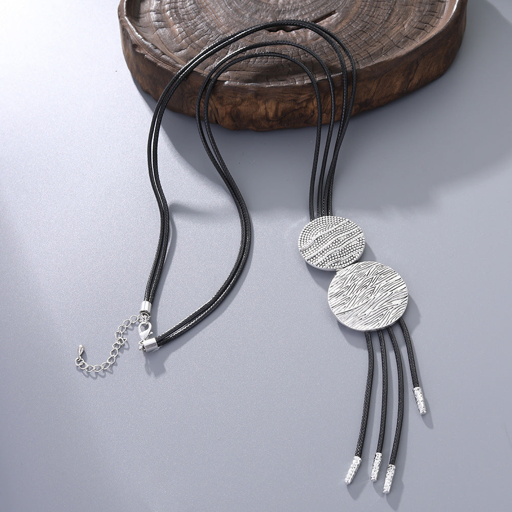 Minimalist Silver Geometric Necklace for Women Double Textured Round Plate Pendant