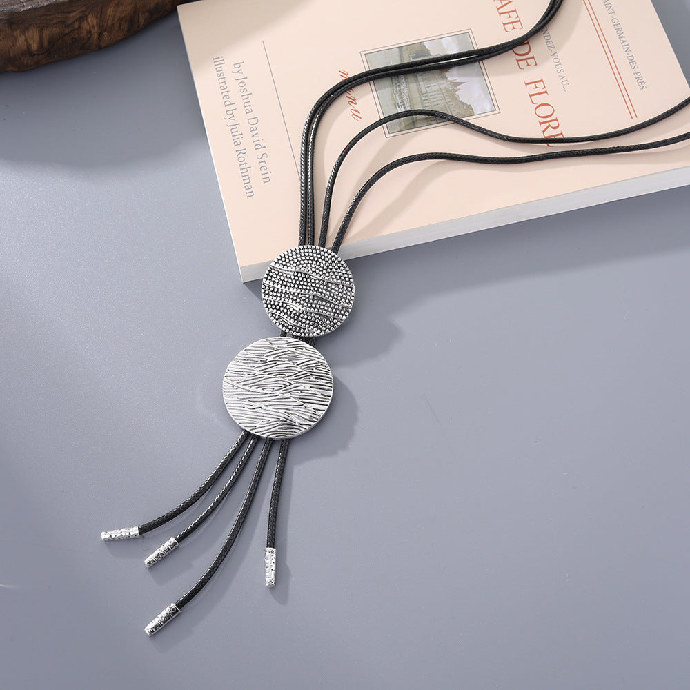 Minimalist Silver Geometric Necklace for Women Double Textured Round Plate Pendant