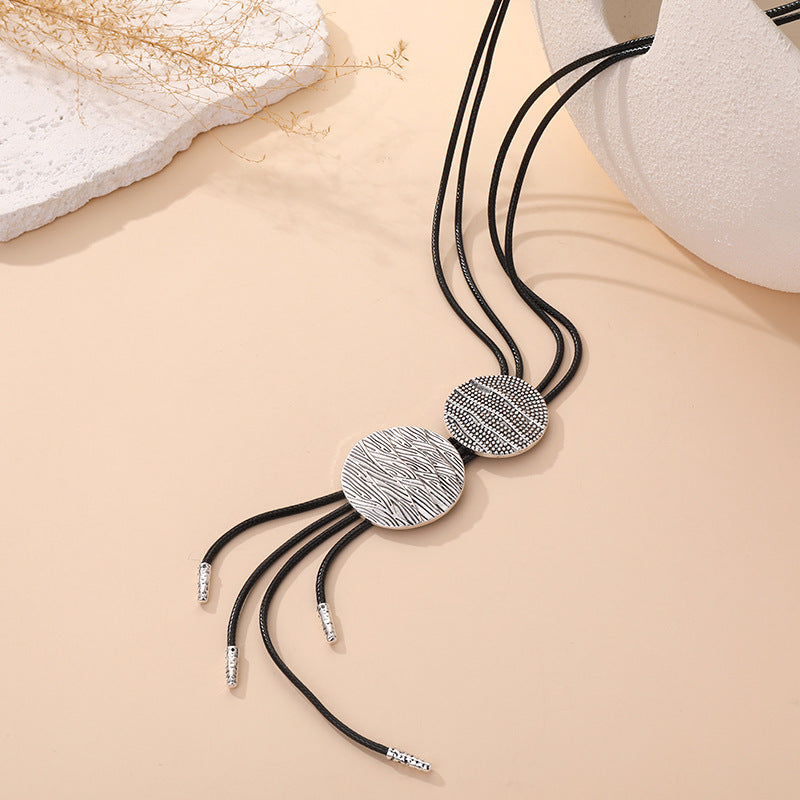 Minimalist Silver Geometric Necklace for Women Double Textured Round Plate Pendant