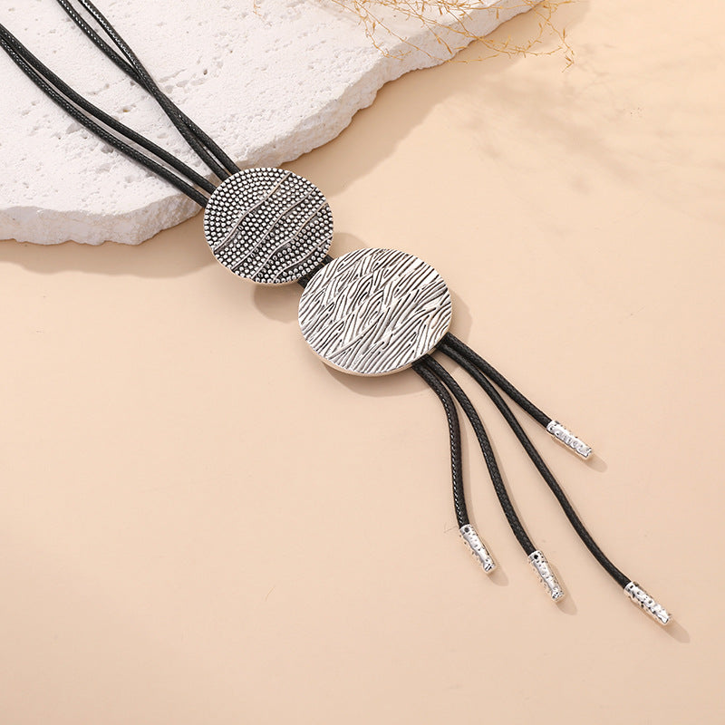 Minimalist Silver Geometric Necklace for Women Double Textured Round Plate Pendant