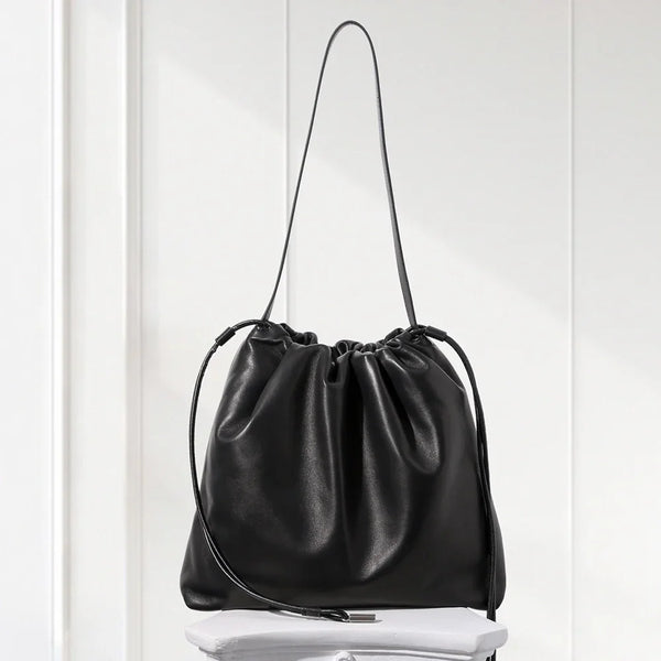 Minimalist lambskin drawstring shoulder bag – stylish soft tote purse for women,Black