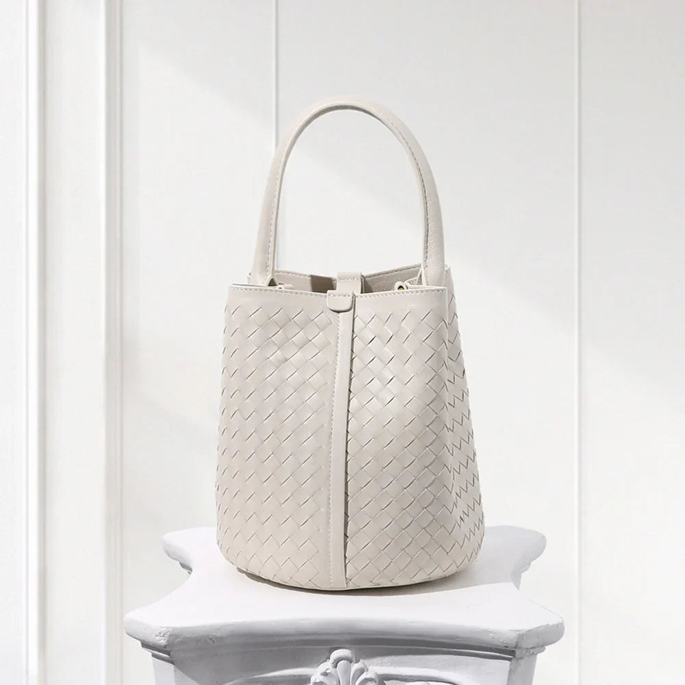 Minimalist beige woven leather handbag and pouch set for women on civibuy.com