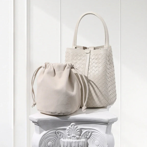 Lambskin Drawstring Shoulder Bag Luxury Tote Purse, White