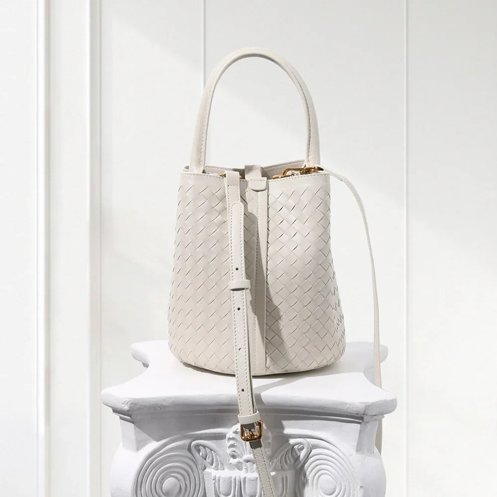 Minimalist beige woven leather handbag and pouch set for women on civibuy.com