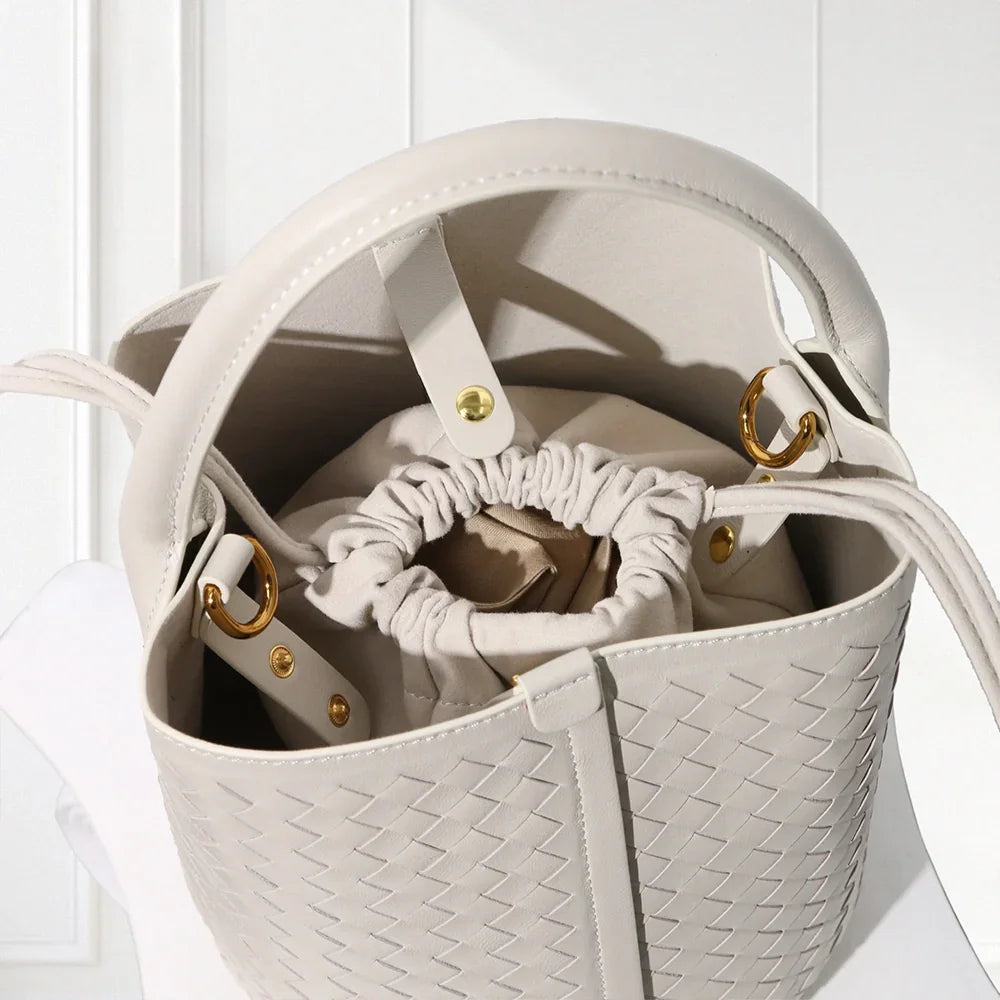 Minimalist beige woven leather handbag and pouch set for women on civibuy.com