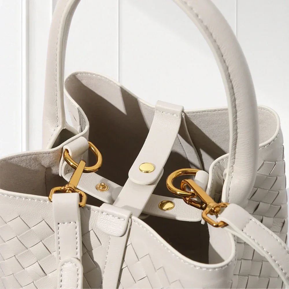 Minimalist beige woven leather handbag and pouch set for women on civibuy.com