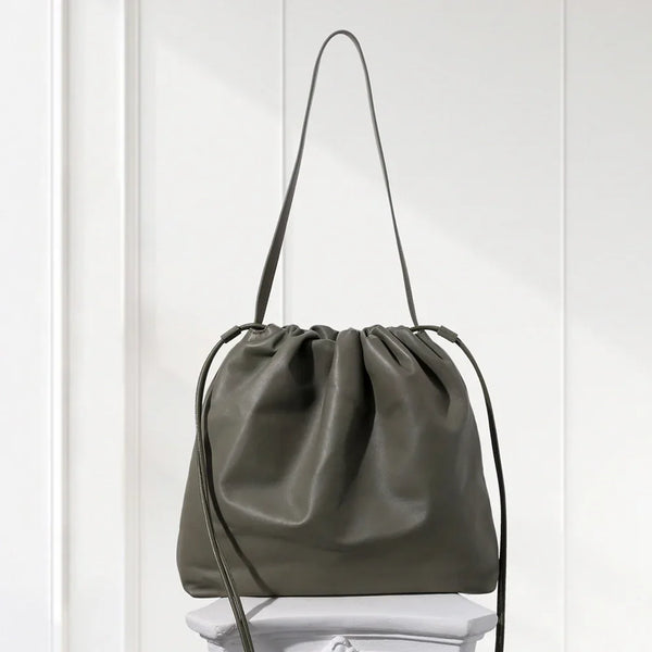 Minimalist Lambskin Drawstring Shoulder Bag Soft Luxury Tote Purse,Olive Green