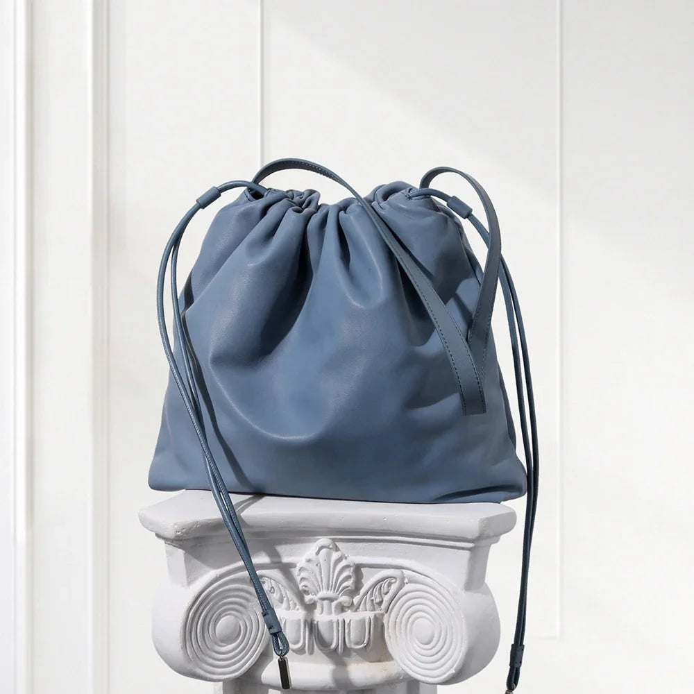 Minimalist Blue leather drawstring shoulder bag – stylish soft tote purse for women, wholesale near New York