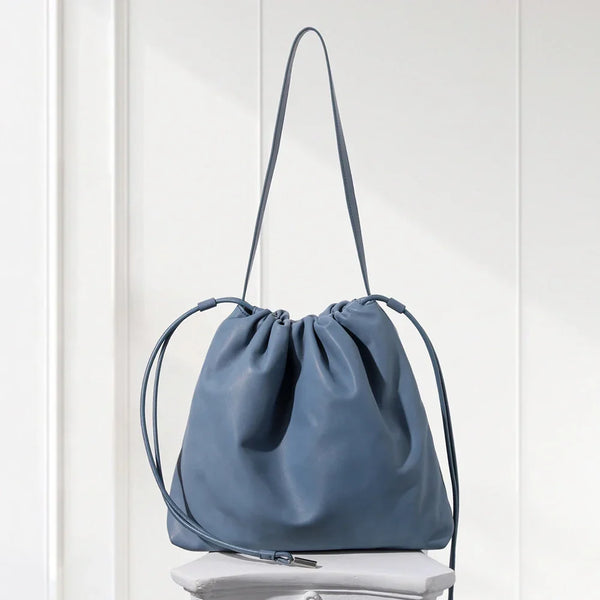 Minimalist blue lambskin drawstring shoulder bag – stylish soft tote purse for women