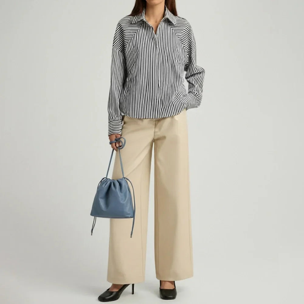 Minimalist Blue leather drawstring shoulder bag – stylish soft tote purse for women, wholesale near New York