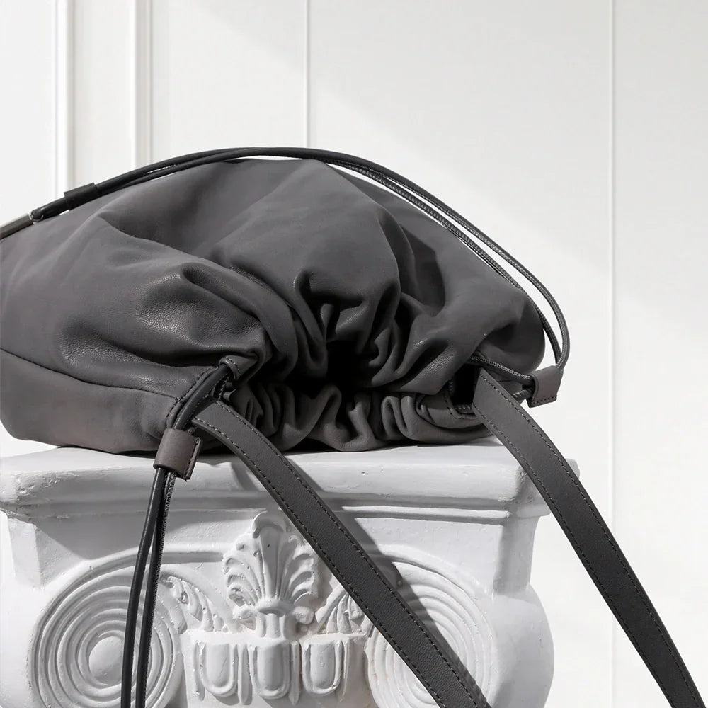 Minimalist grey leather drawstring shoulder bag – stylish soft tote purse for women, wholesale near New York